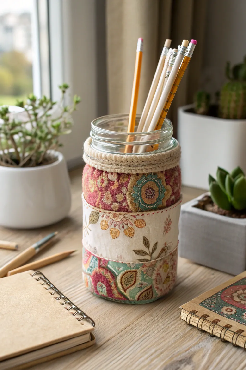Elevate your workspace with this cozy chic DIY pencil holder, wrapped in vibrant fabrics for a touch of boho elegance.