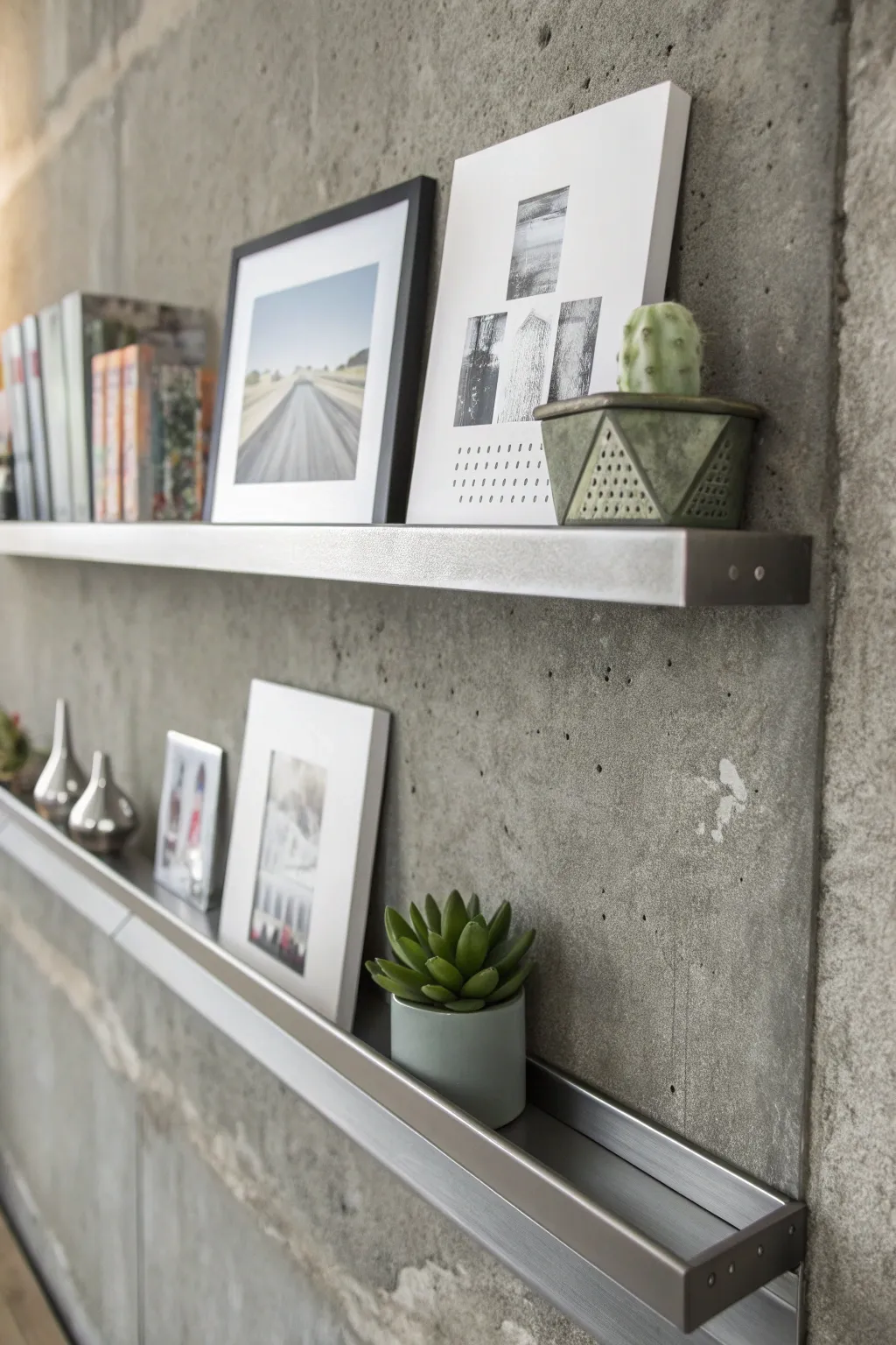 Embrace industrial elegance with a minimalist metal ledge for your art display.