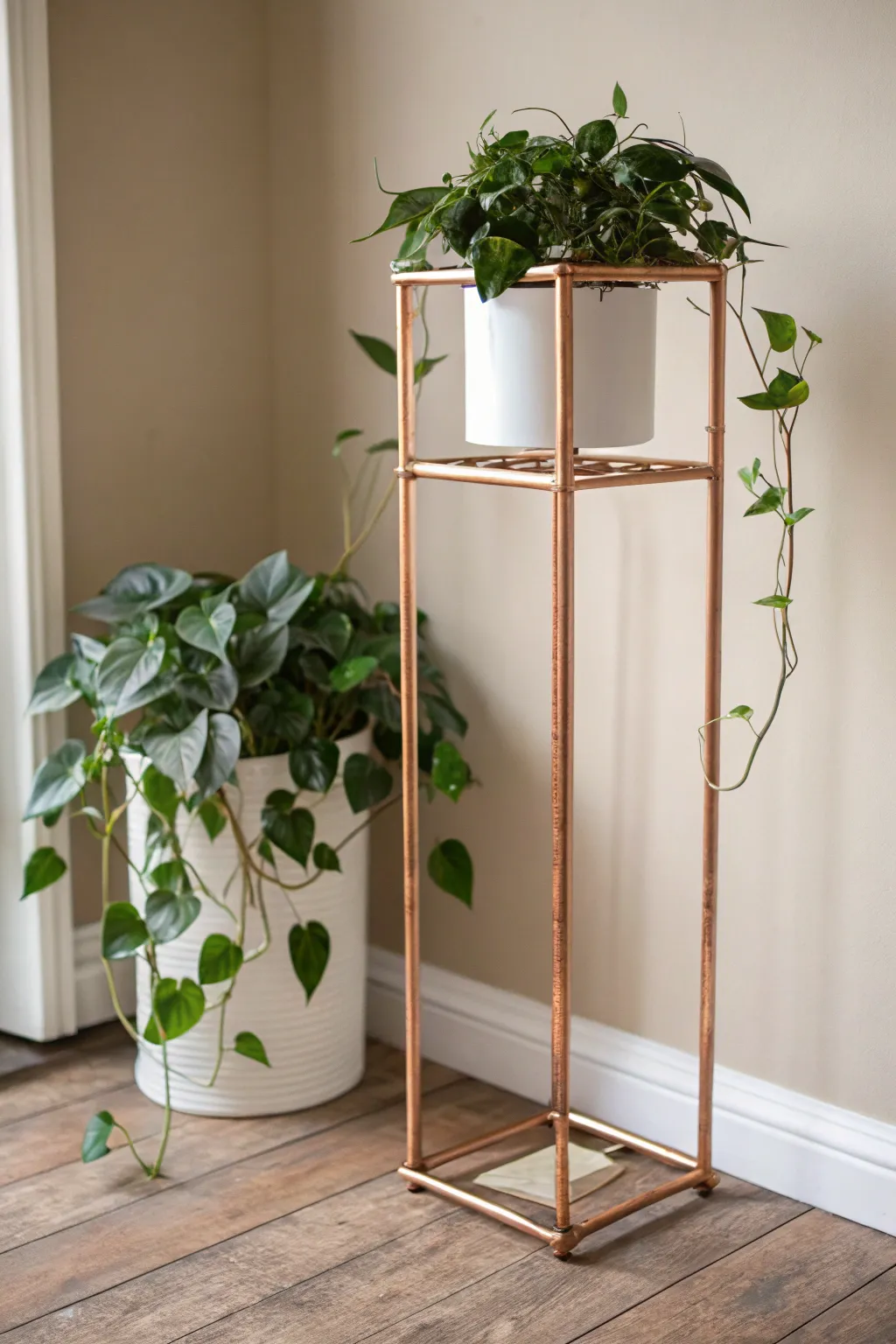 Elevate your greenery with this chic DIY copper plant stand, where simplicity meets natural beauty.