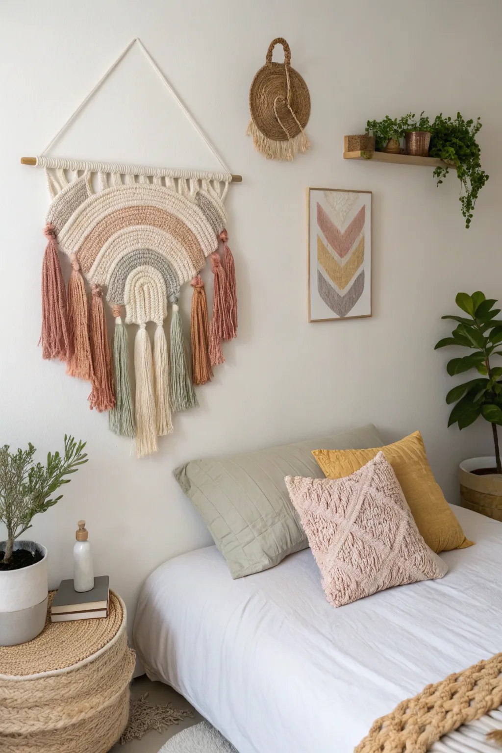 Add a touch of artistry to your bedroom with a DIY fabric wall hanging, blending Scandinavian minimalism with Boho charm.