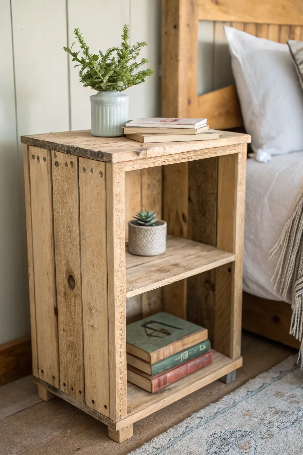 Transform your space with the rustic charm of a pallet nightstand, where simplicity meets natural beauty.