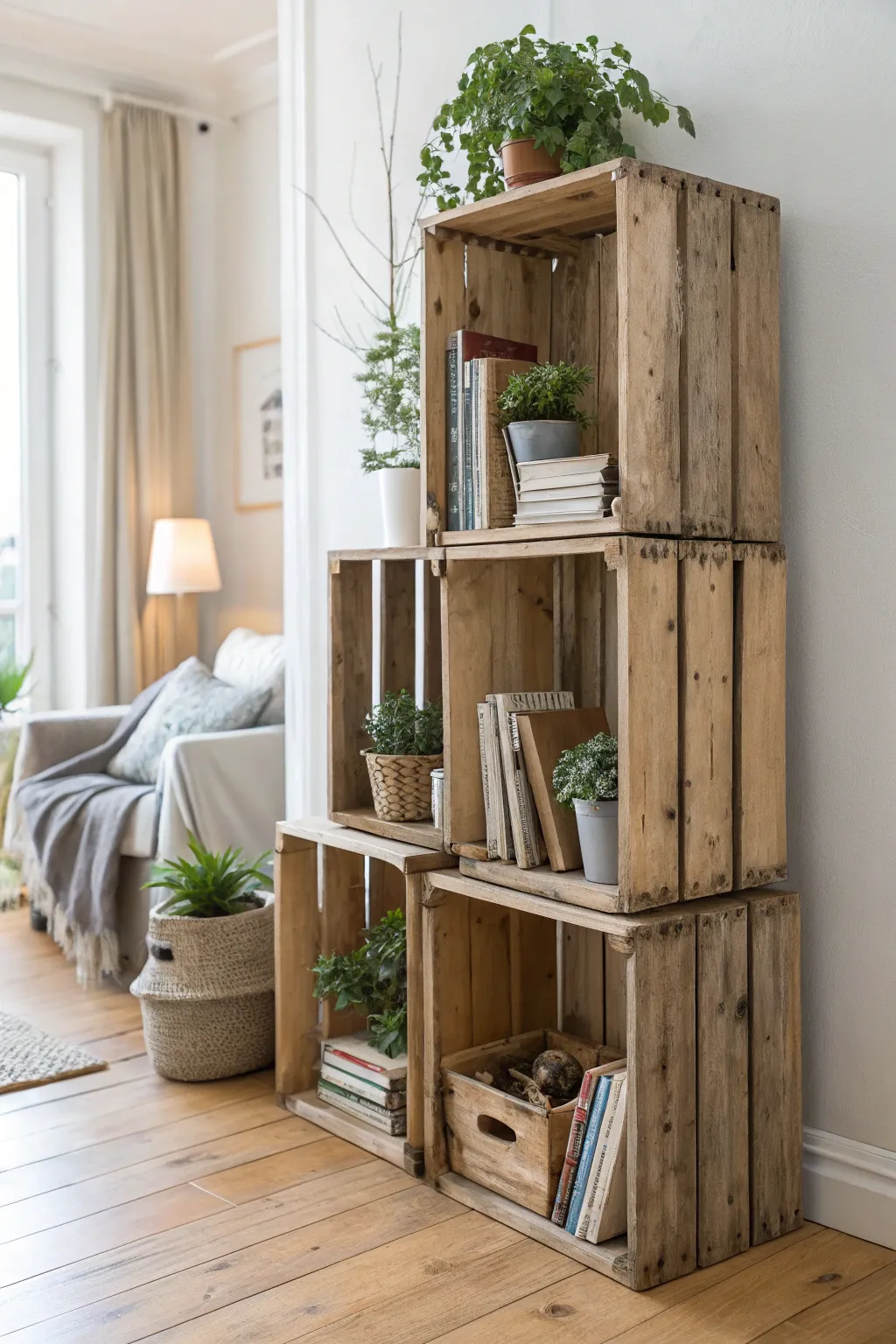 Elevate your space with rustic charm: Craft a unique bookshelf from wooden crates for a fresh and versatile look.