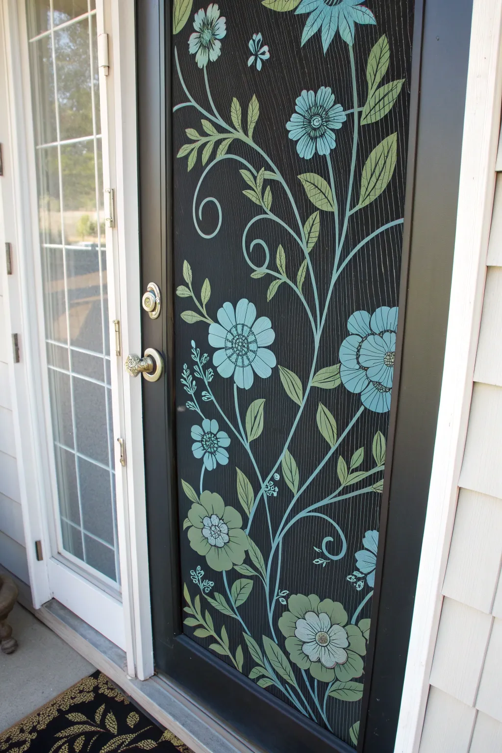 Transform your screen door into a canvas of creativity with artistic floral stencils.
