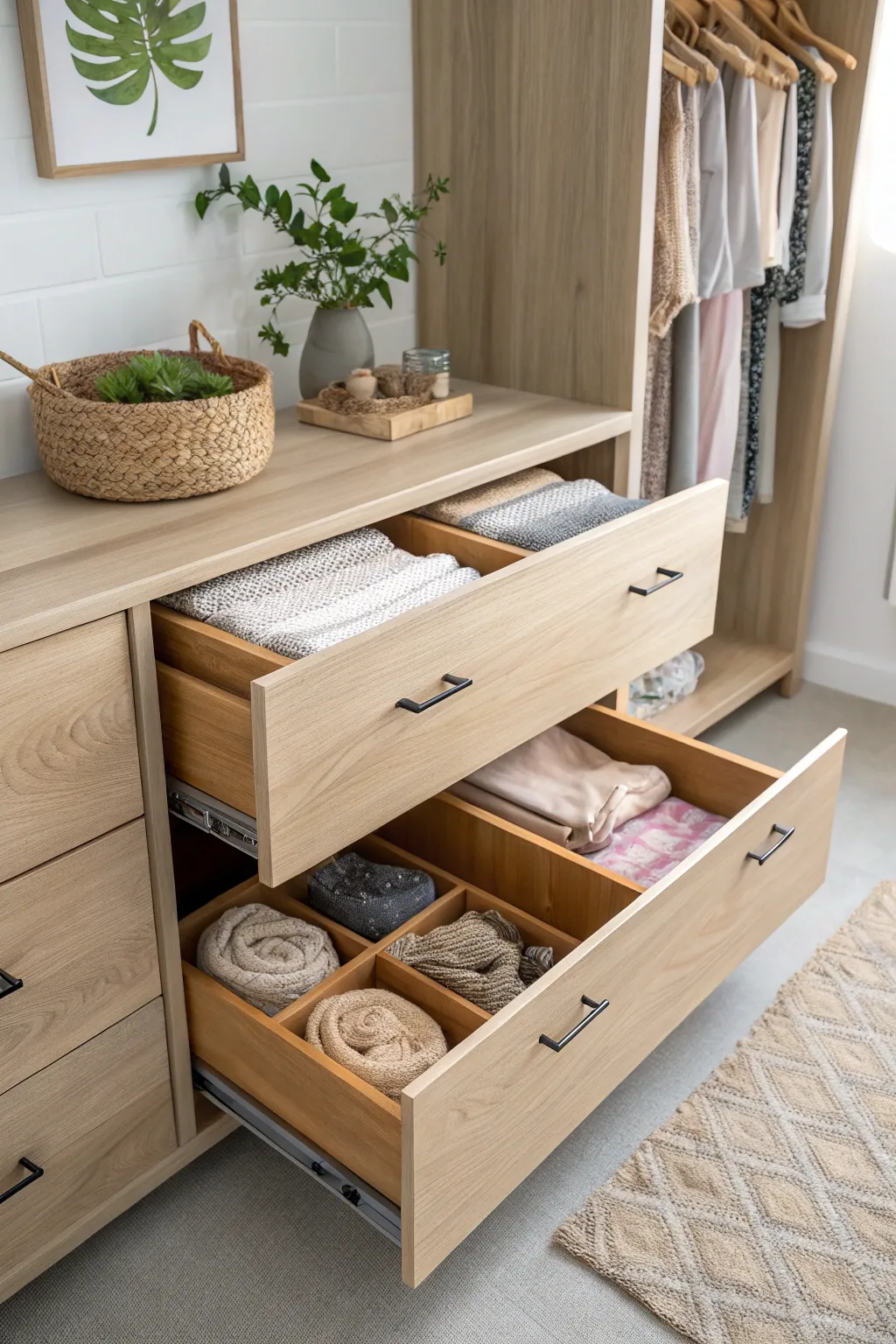 Transform your small closet with elegant built-in drawers—where minimalist design meets natural beauty.