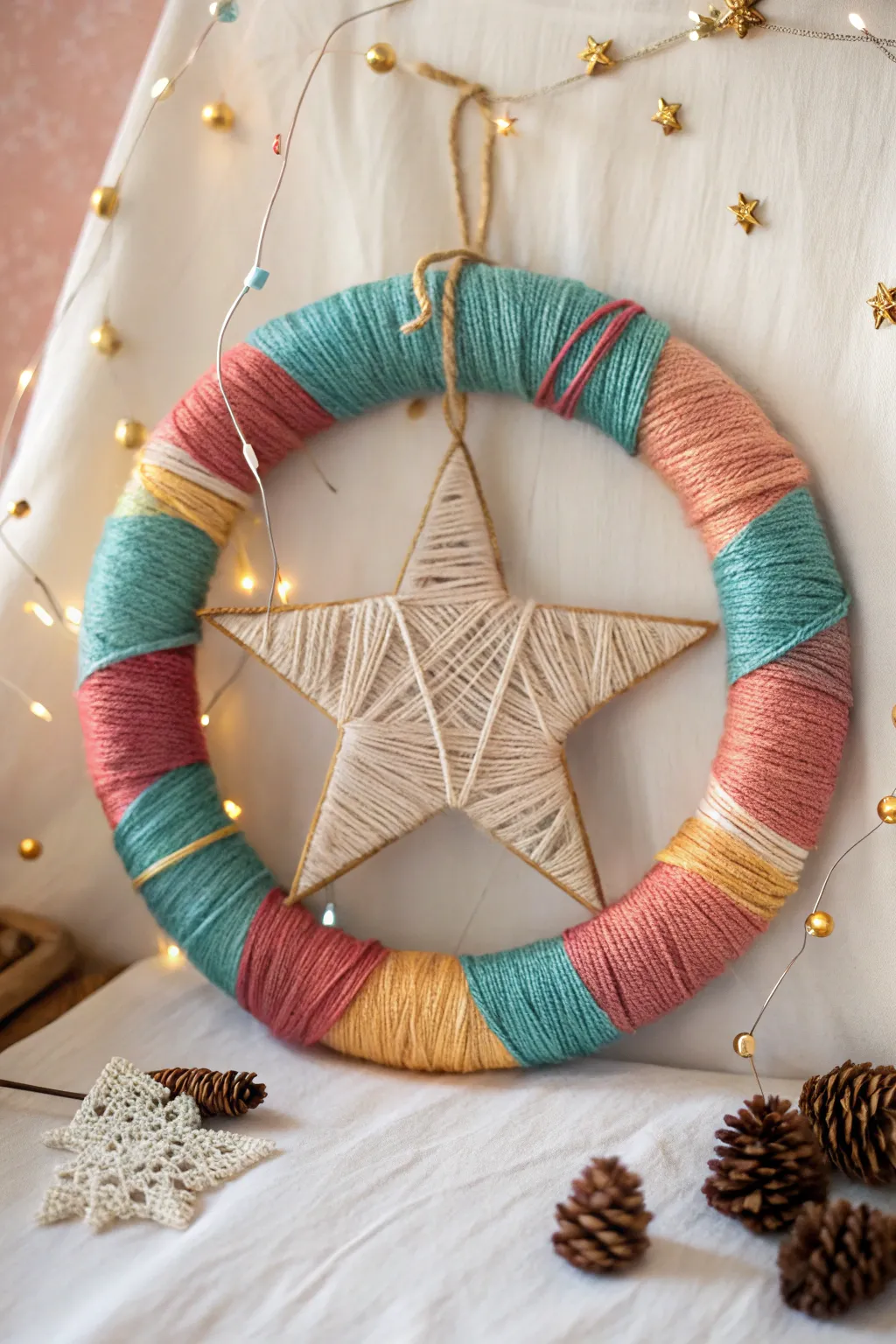 Add a splash of color and creativity to your holiday decor with this DIY yarn-wrapped star wreath. Perfect for minimalist and boho-inspired spaces!
