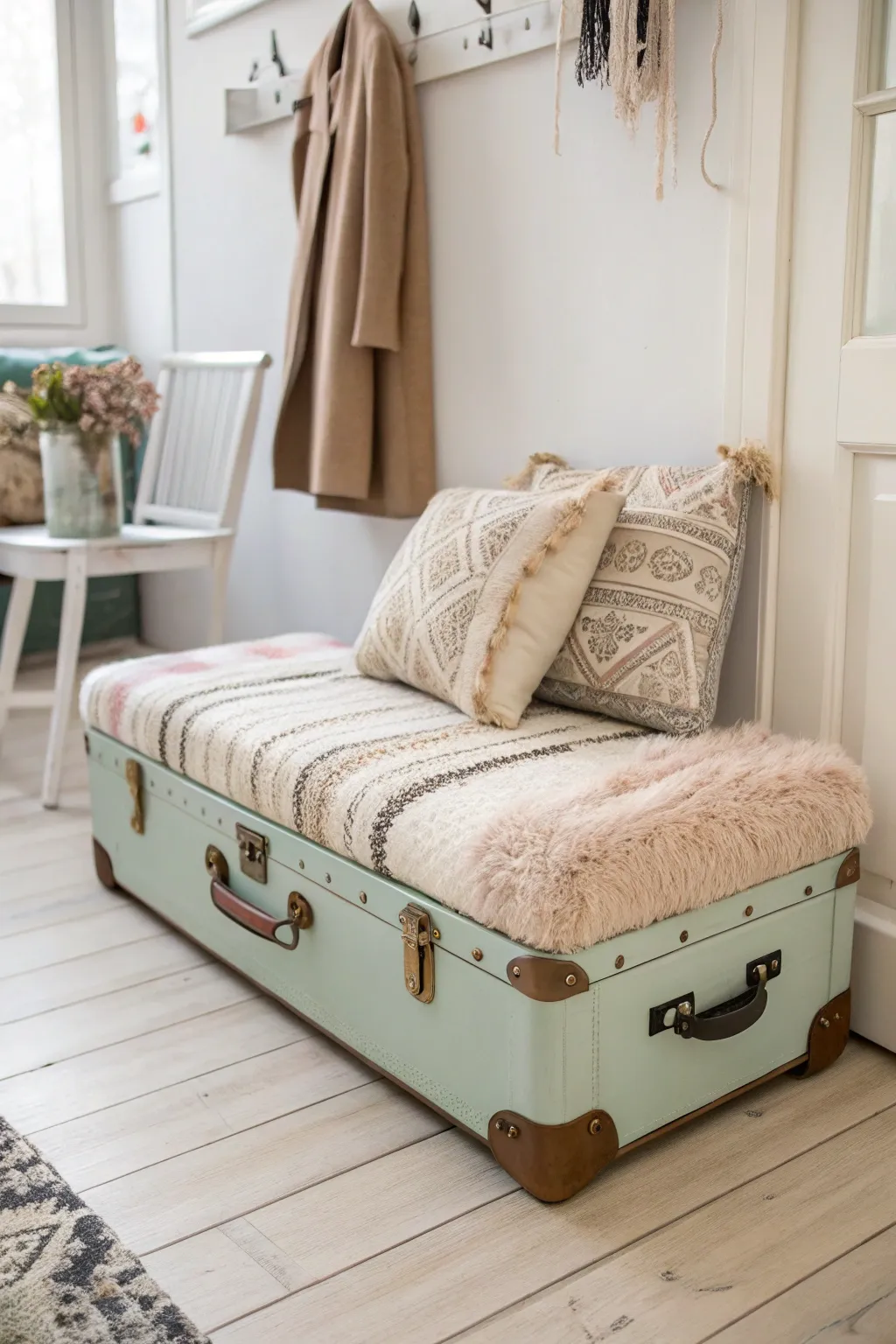 Transform your vintage suitcase into a charming cushioned seat, perfect for adding a touch of boho elegance to your entryway.