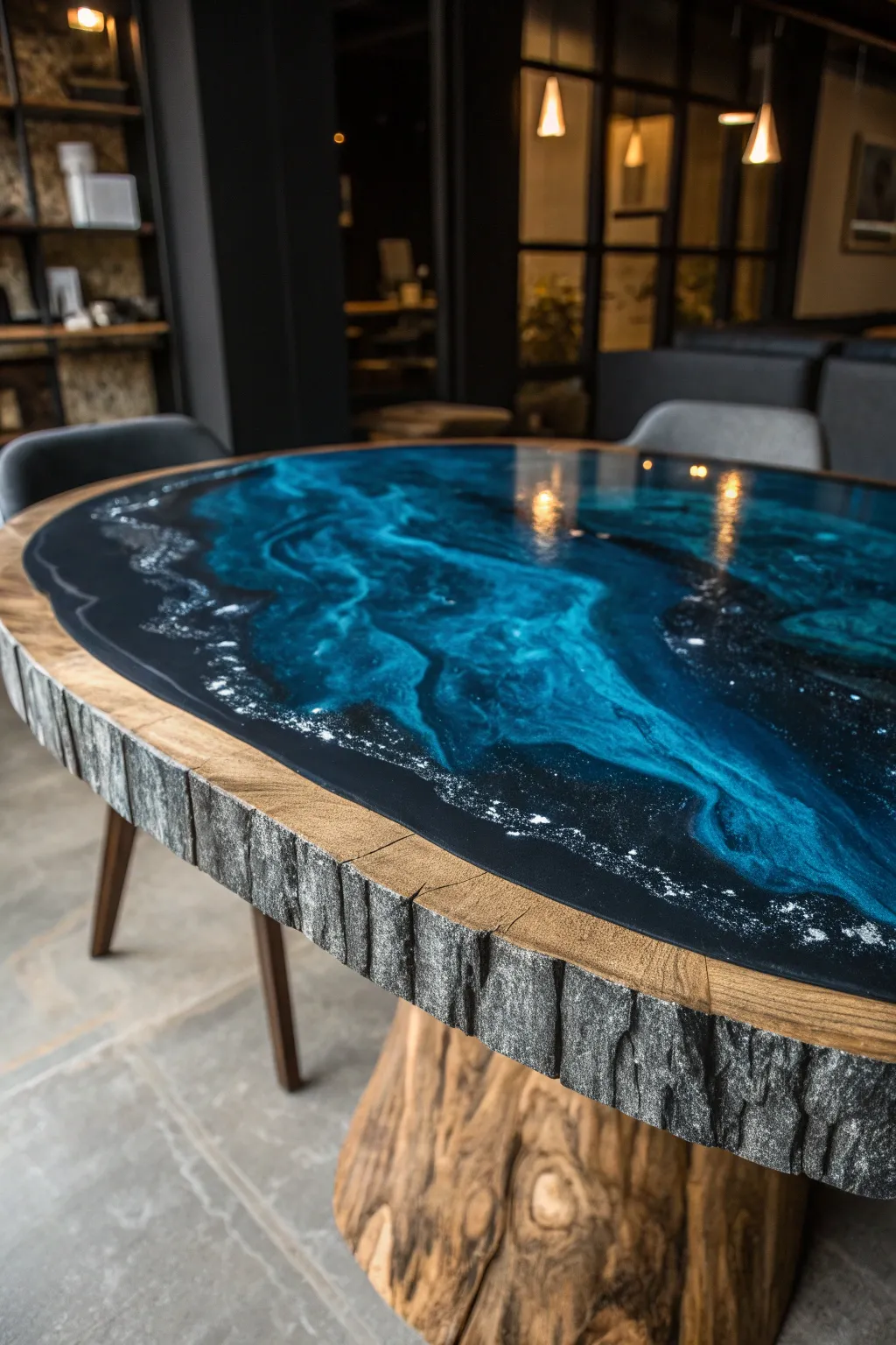 Transform your table with a sleek and durable epoxy resin finish—where modern elegance meets rugged charm.