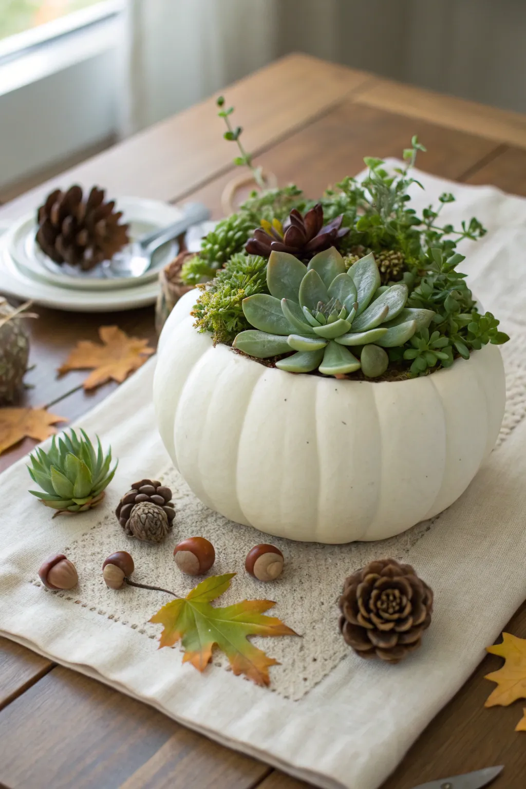 Elevate your Thanksgiving table with a chic Succulent Pumpkin Centerpiece—where simplicity meets natural elegance.