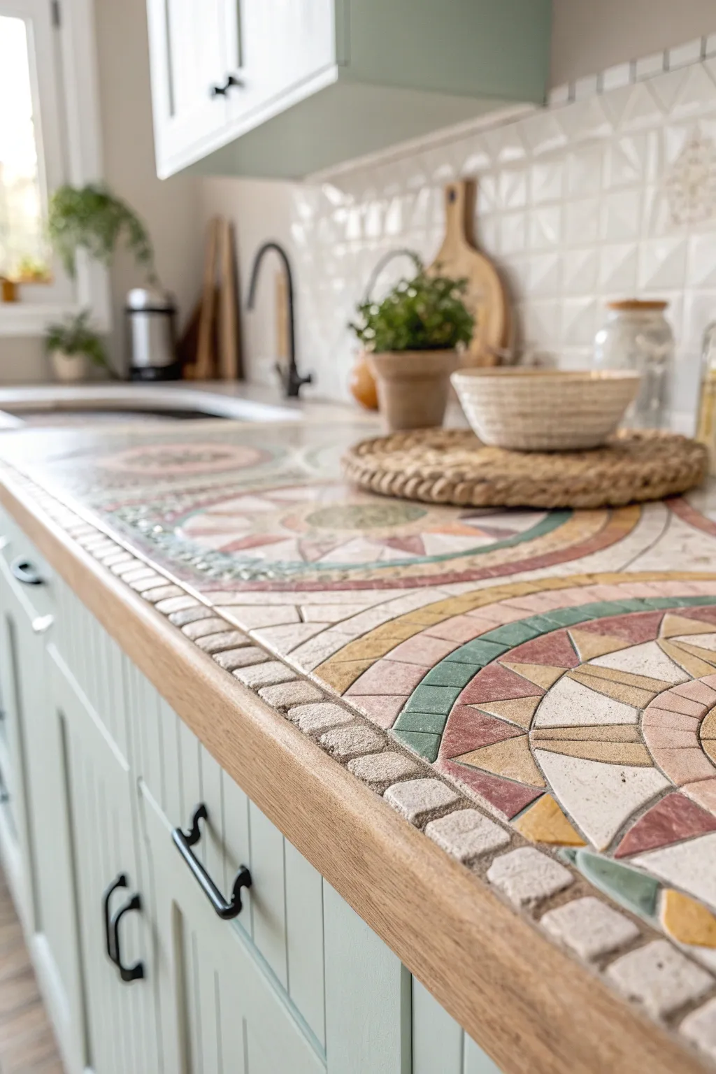 Transform your kitchen into an artistic haven with a stunning mosaic tile countertop. 🌿✨