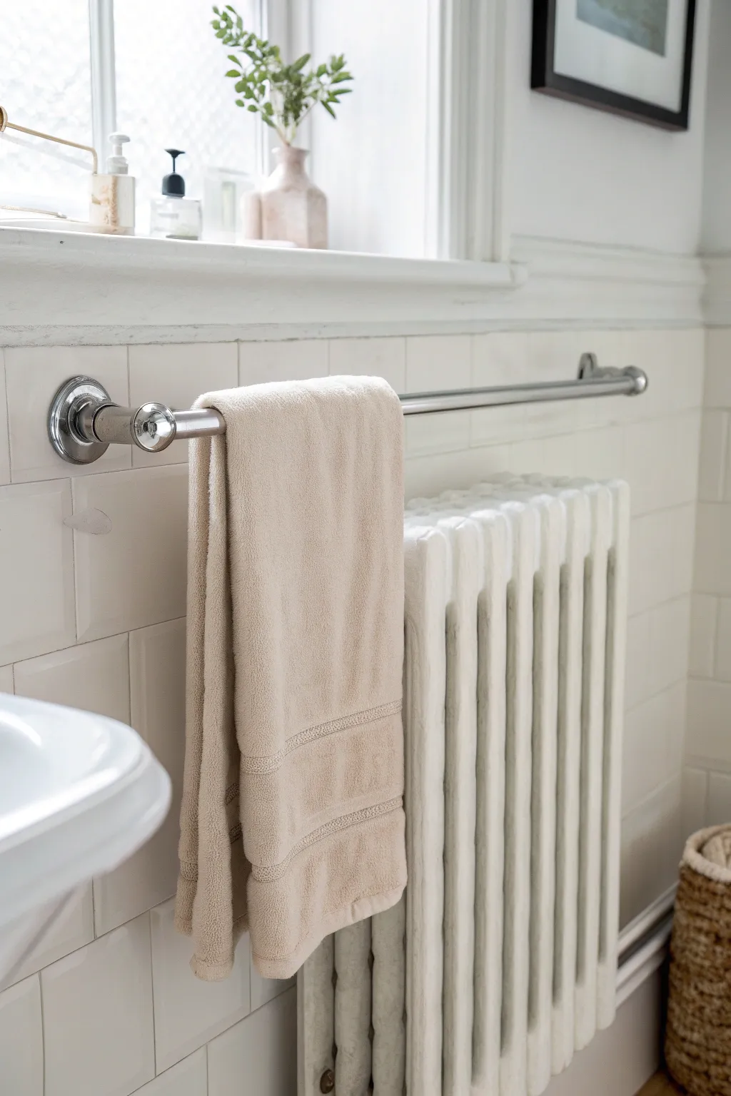 Simplicity meets function: Elevate your bathroom decor with a sleek magnetic towel bar.