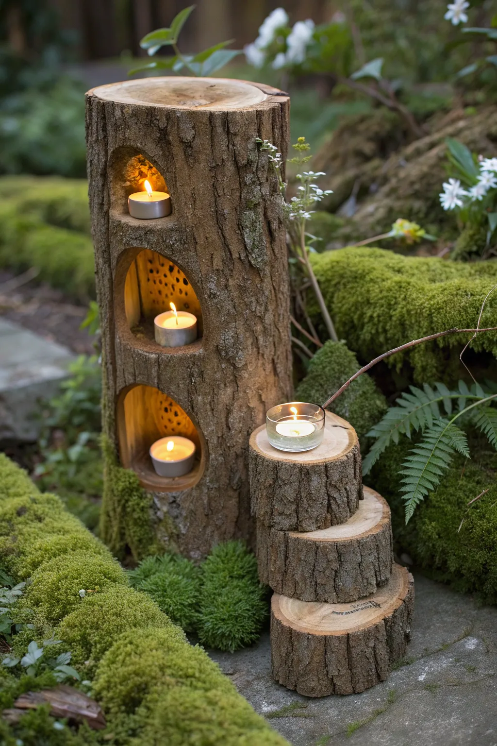 Illuminate your garden with rustic charm: DIY tree stump candle holder.