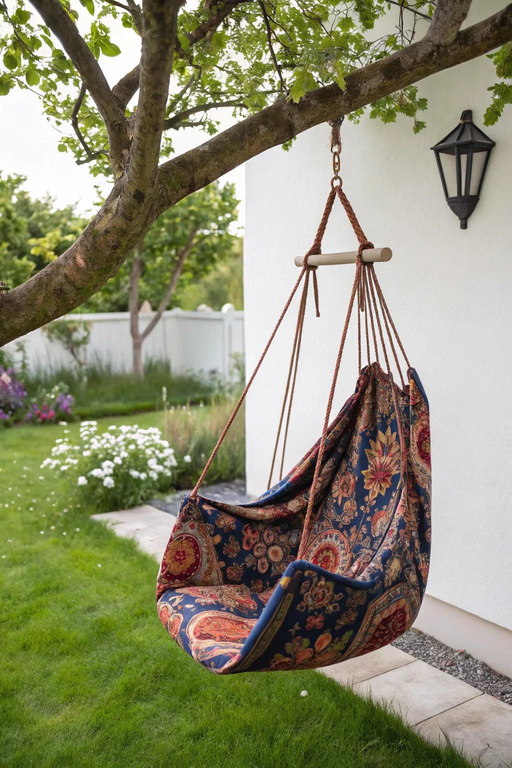 Find your serene escape with this elegant fabric swing, a perfect blend of boho flair and minimalist charm.