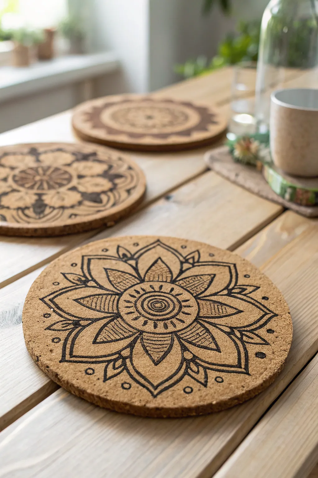 Transform old cork coasters into a beautiful, personalized trivet with wood-burned designs.