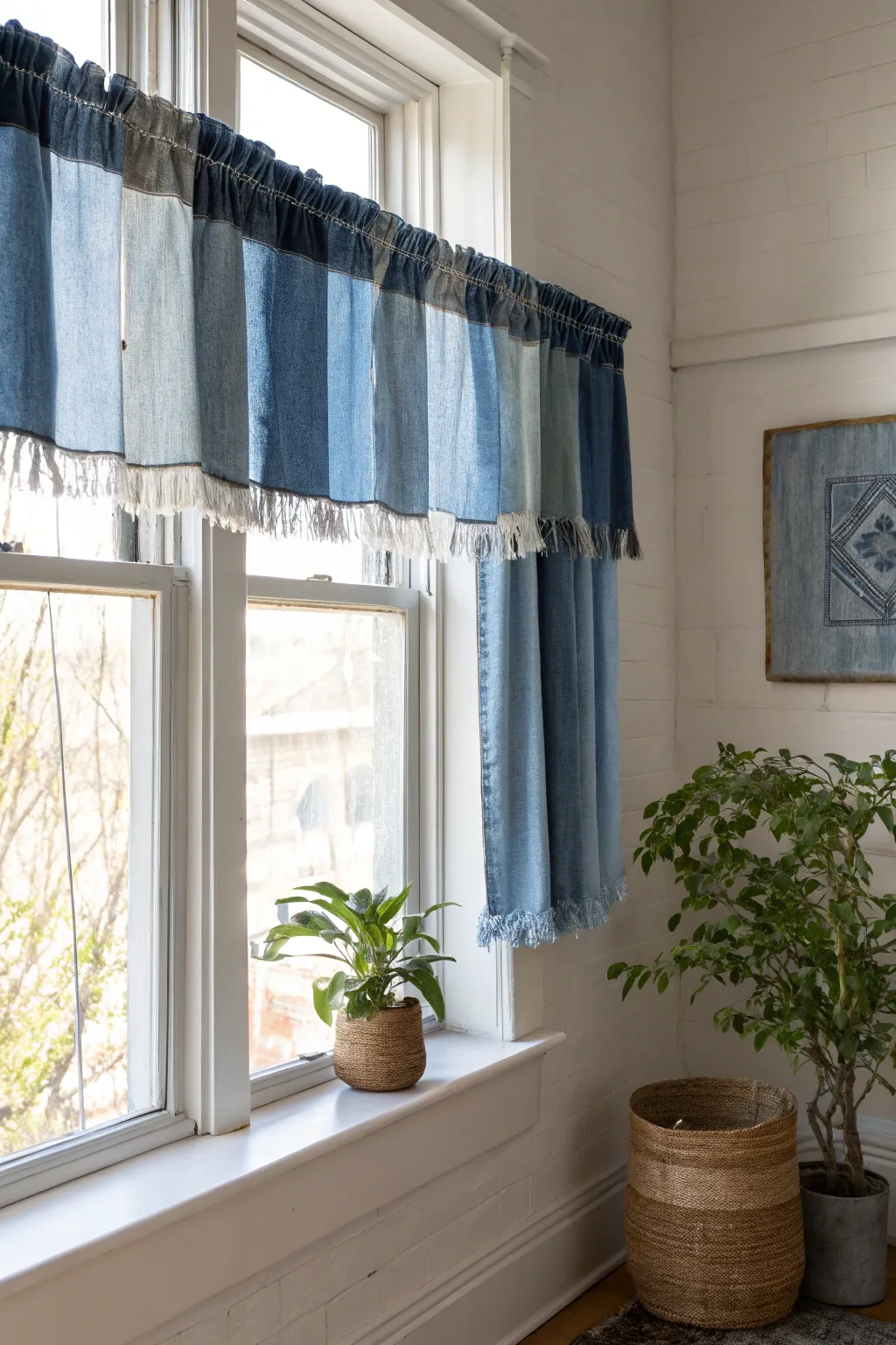 Add playful texture to your space with a chic upcycled denim valance, perfect for sustainable style lovers!