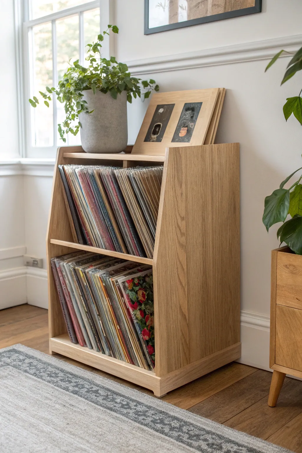 Maximize your space with this chic corner vinyl storage solution—where minimalist design meets bohemian charm!