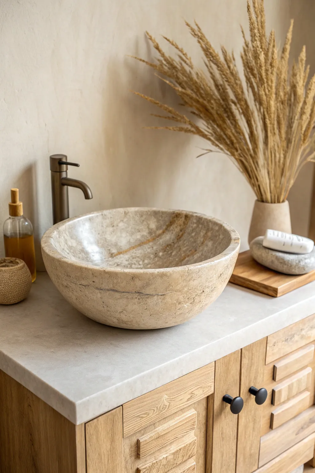 Transform your bathroom into a serene sanctuary with a handcrafted stone bowl sink. #ScandiBoho #NaturalBeauty
