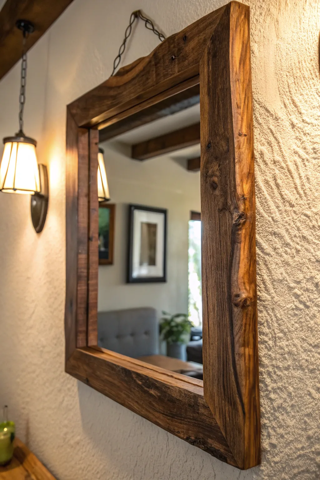 Elevate your space with the rustic elegance of a wood slab mirror frame.