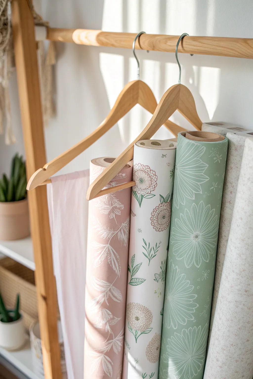 Transform your closet with a touch of Scandinavian simplicity: Use hangers to store your wrapping paper with style.