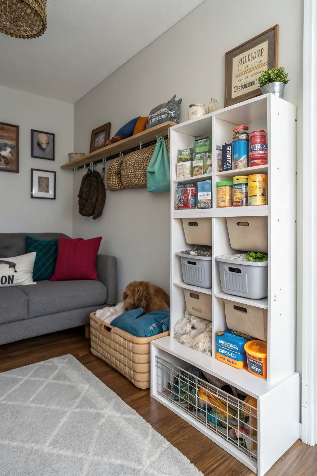 Innovative wall-mounted storage for dog supplies, perfect for compact living spaces.