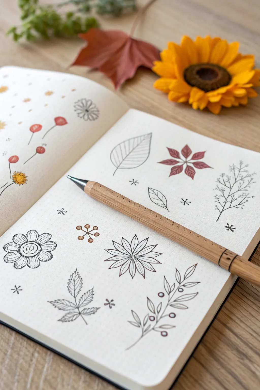 Embrace the beauty of each season with minimalist doodles that transform your sketchbook into a journey through time.