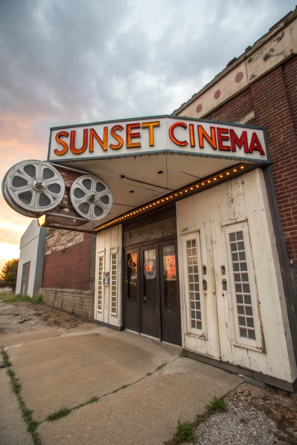 A nostalgic vintage movie theater door setup.
