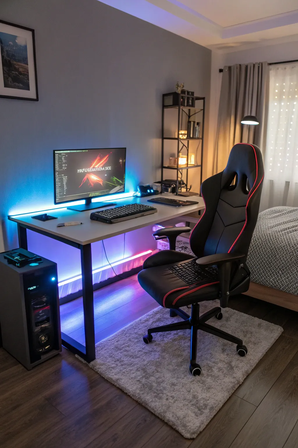 A modern gaming setup with colorful LED backlighting adds a tech-savvy touch to the bedroom.