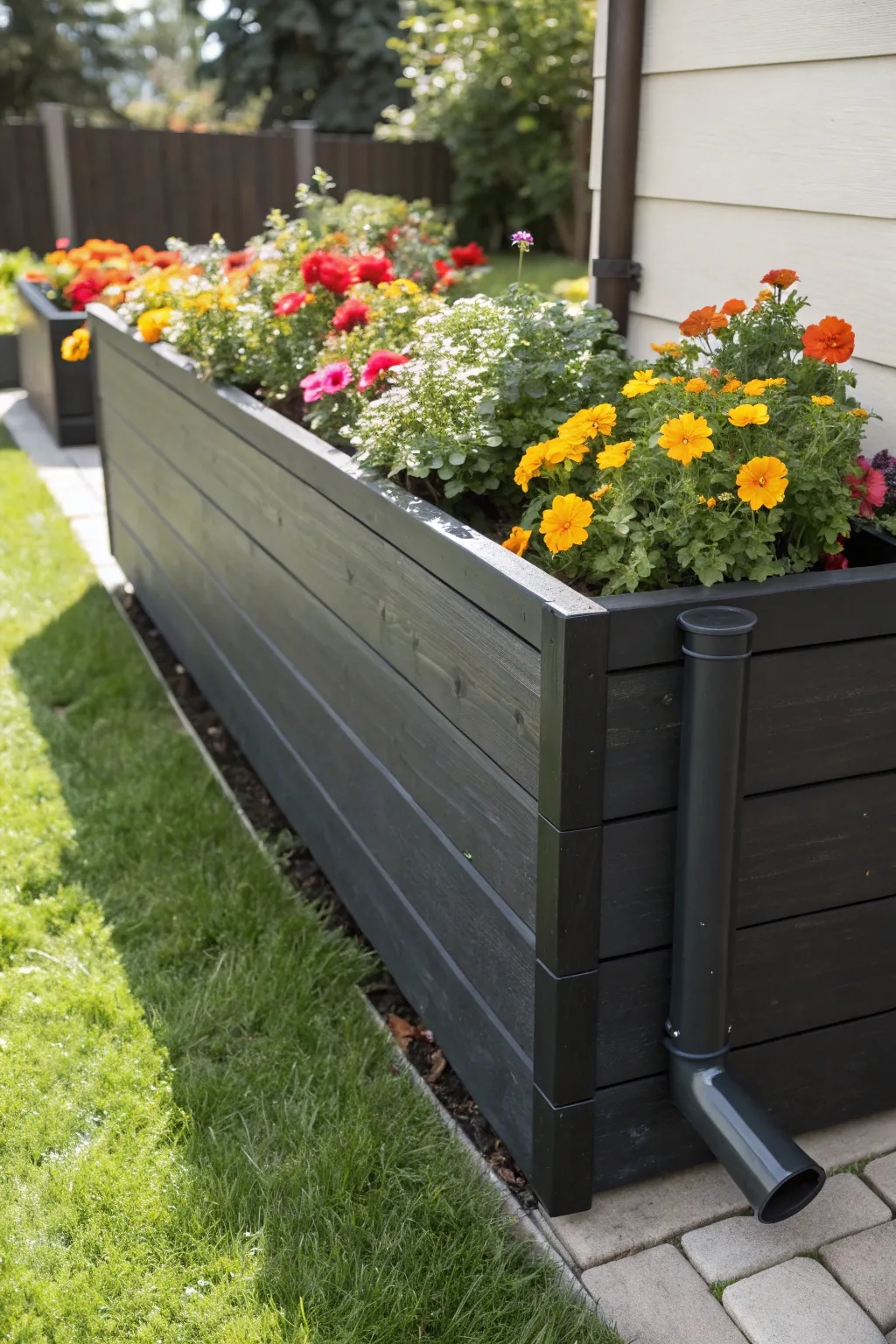 Transform your backyard with a hidden gem: a stylish planter box that conceals your downspout extension.