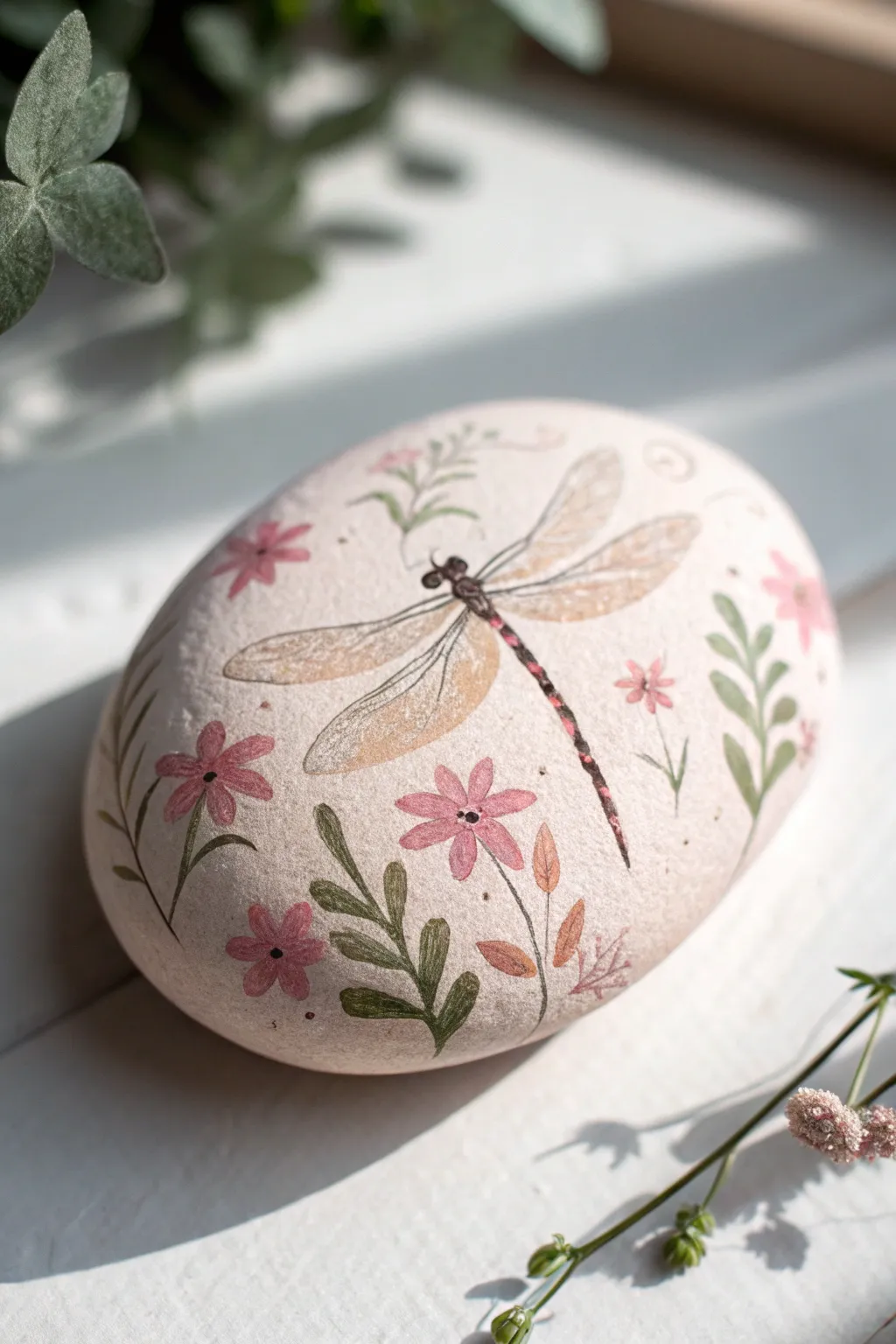Enchant your space with the natural elegance of dragonfly-painted rocks paired with floral patterns.