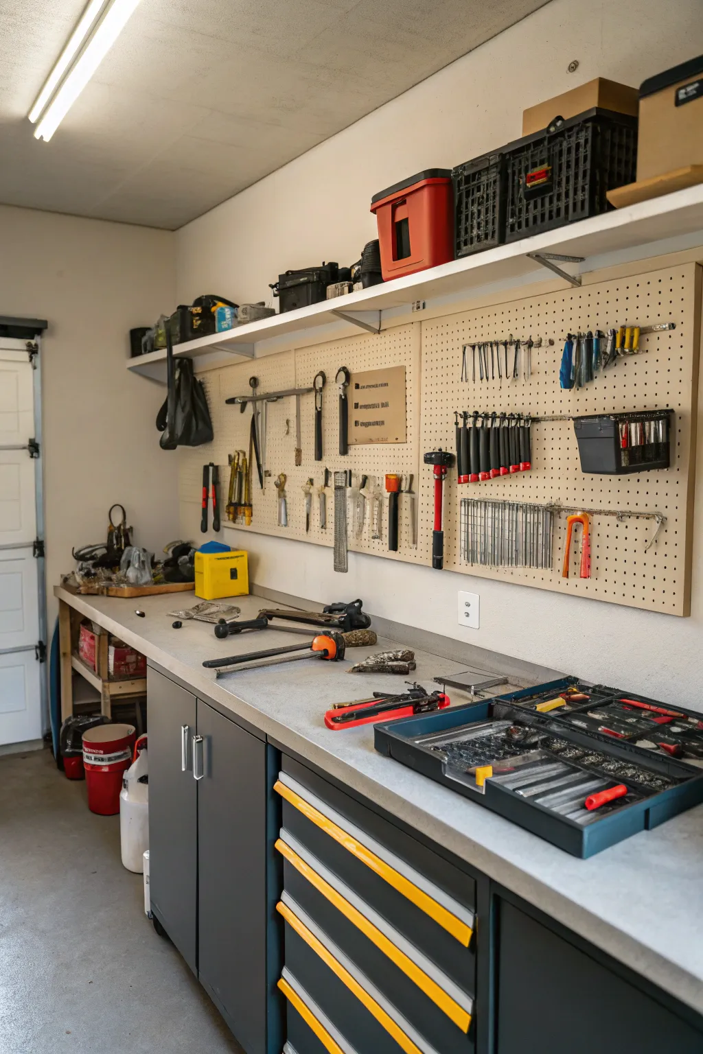 A garage showcasing a functional workspace with organized tools.