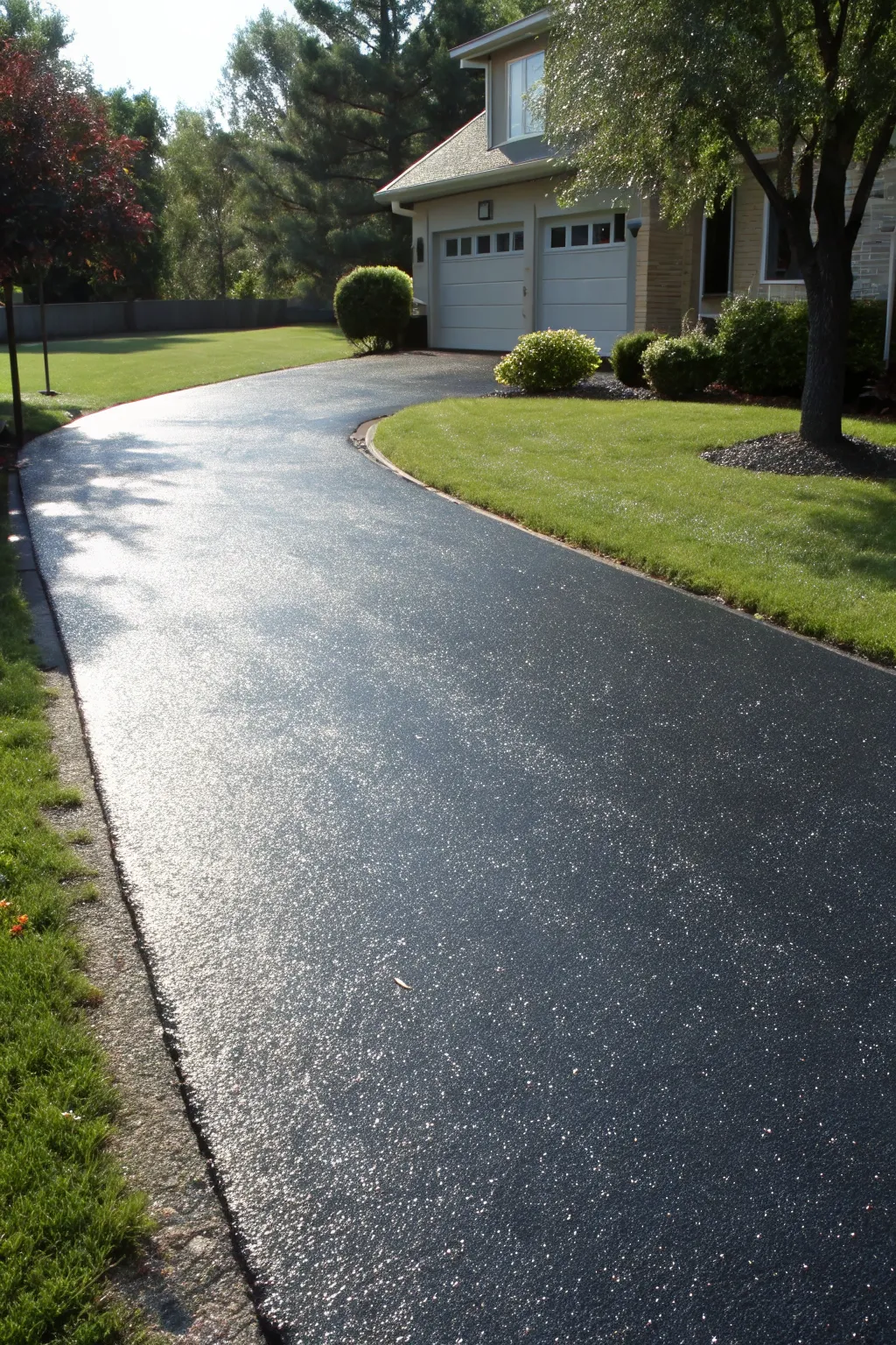 A driveway with a glossy sealed finish.