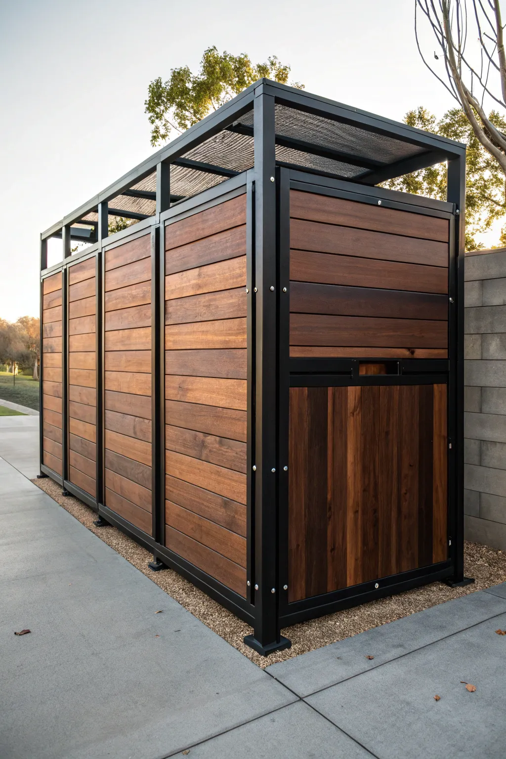 Elevate functionality with style: a perfect blend of wood and metal for your dumpster enclosure.
