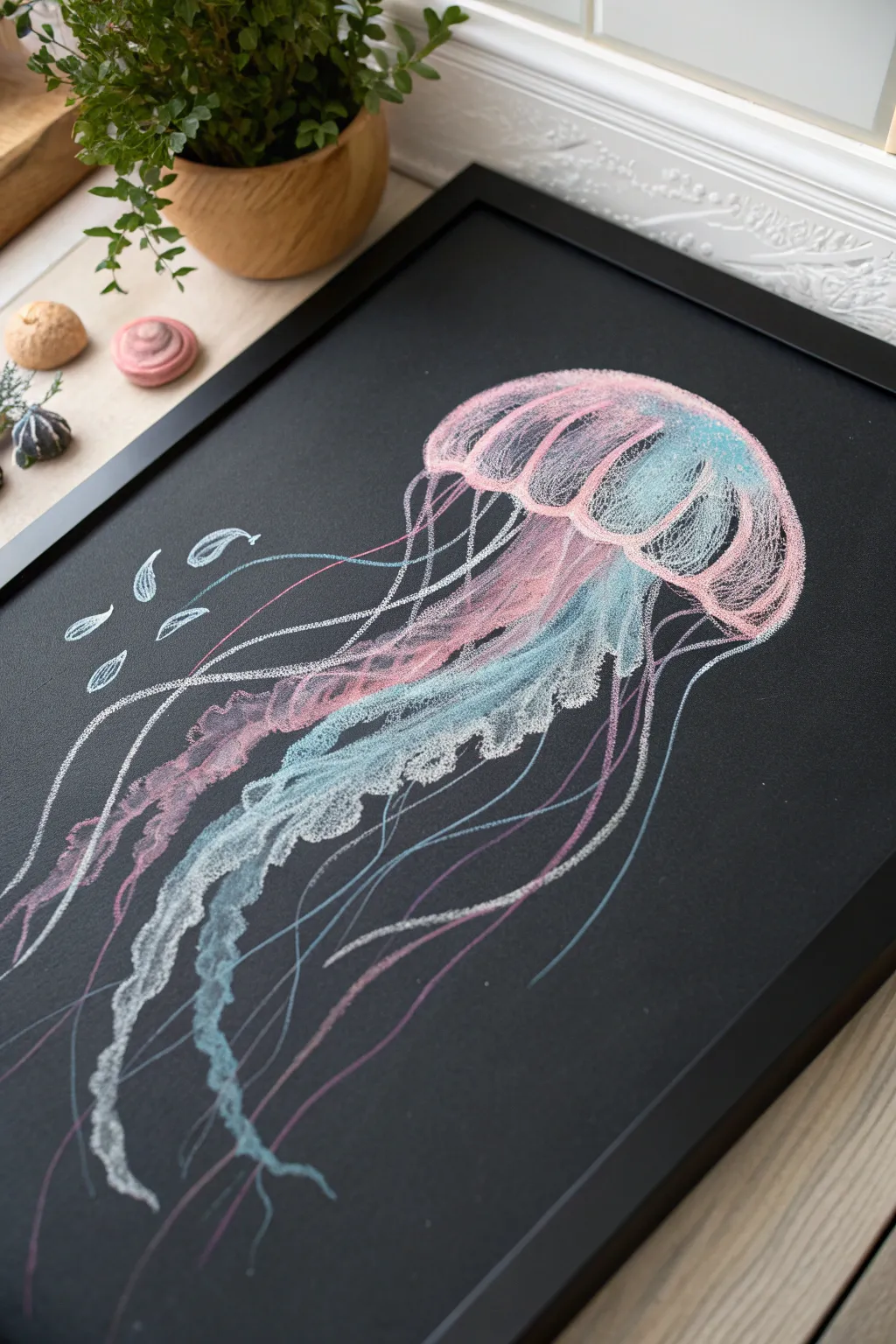 Capture the ocean's grace with this minimalist jellyfish chalk art.