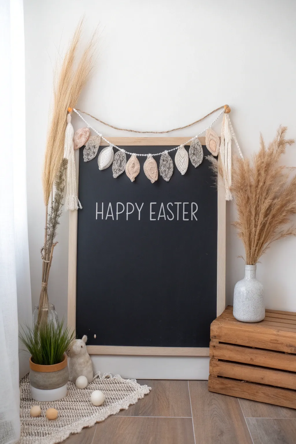 Elevate your Easter decor with a charming chalkboard banner that embodies minimalist elegance and boho flair.