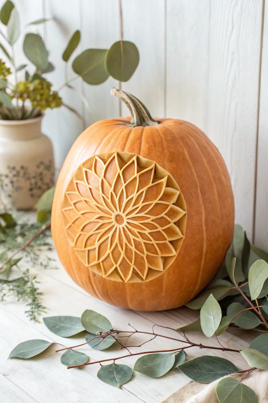 Embrace the beauty of simplicity with this blooming petal burst pumpkin carving. Perfect for adding a touch of elegance to your autumn decor.