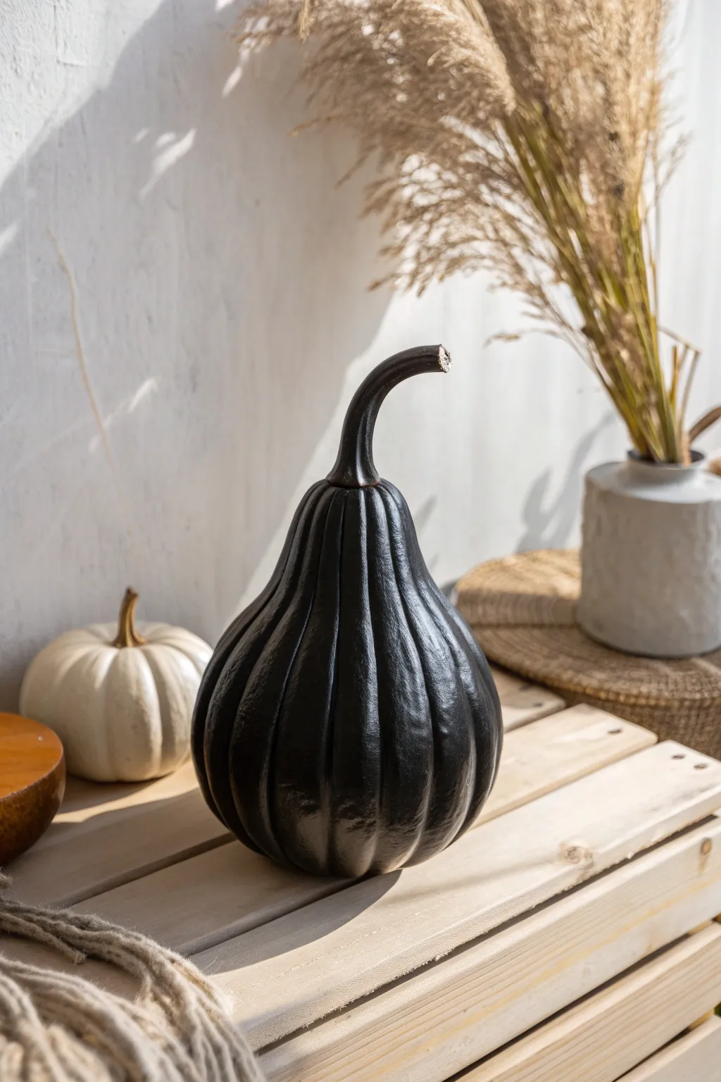 Elevate your autumn decor with minimalist elegance: a sleek black gourd for a chic, modern touch.