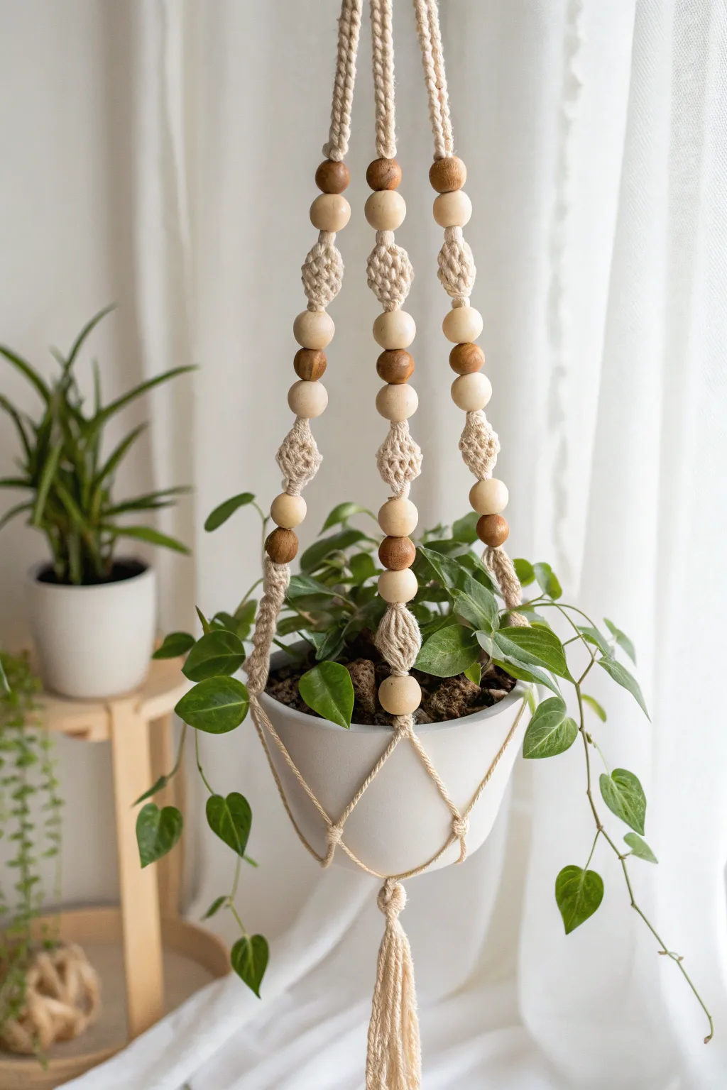 Elevate your space with a handmade beaded plant hanger - a perfect blend of simplicity and style for Mother's Day.