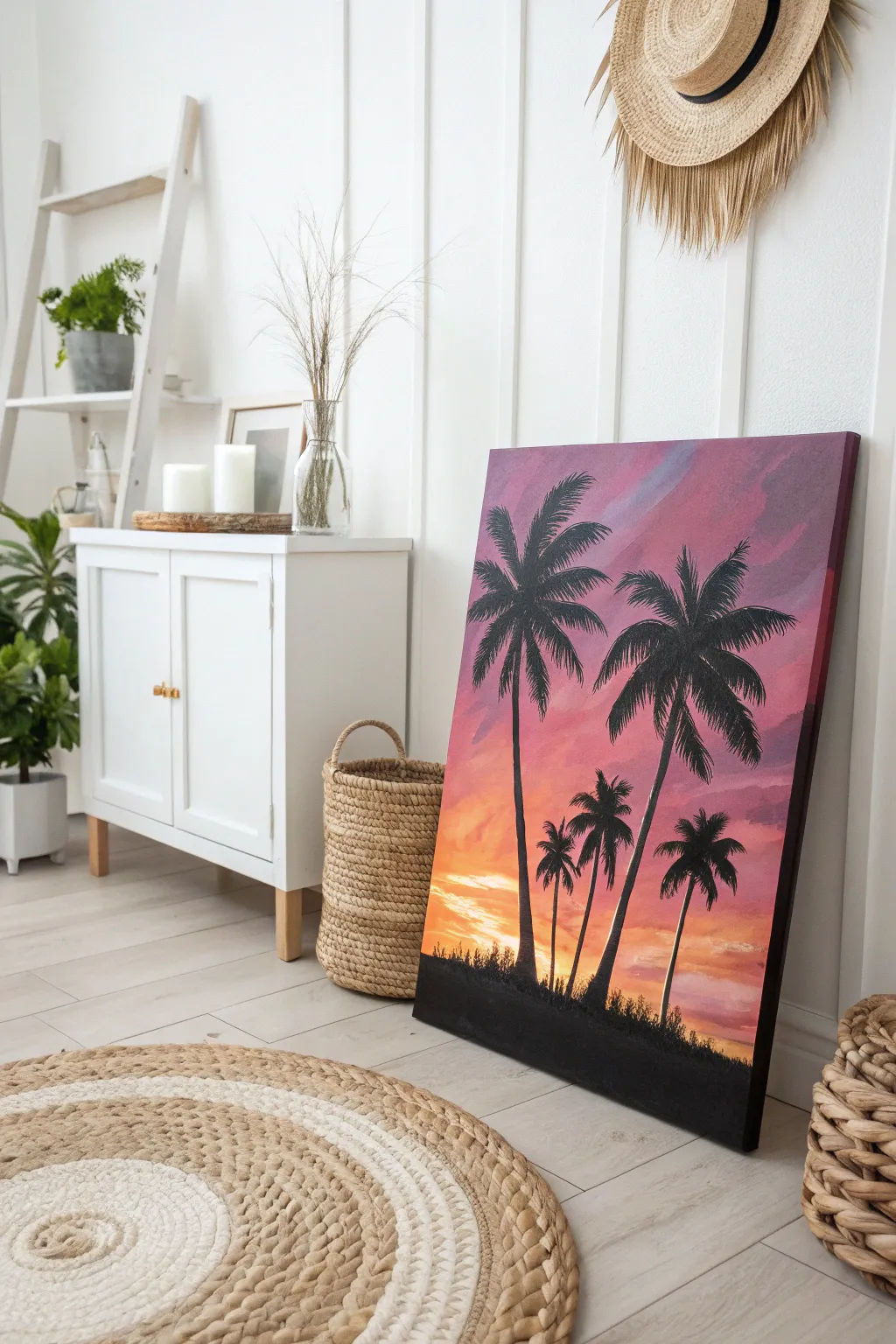 Transform your space with a touch of tropical elegance: palm silhouettes against a stunning sunset.