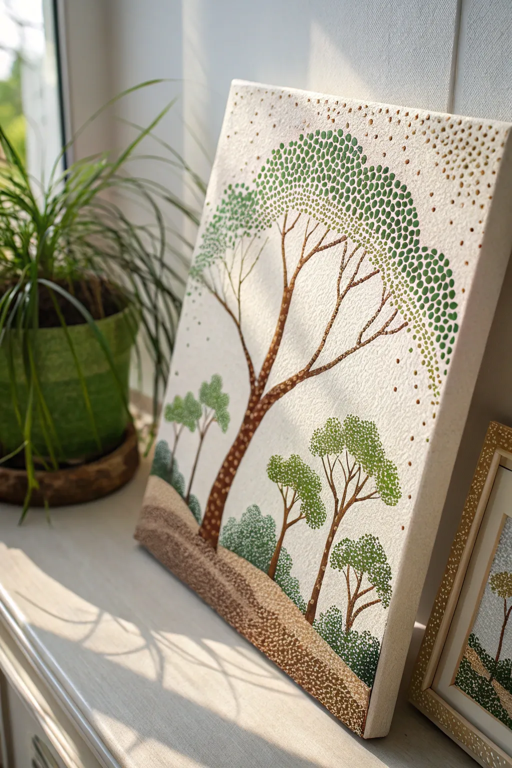Discover the tranquility of pointillism with a touch of Scandinavian simplicity in this serene tree landscape.
