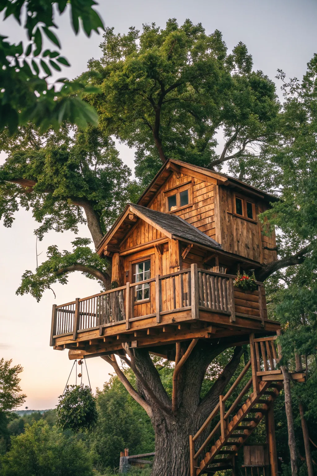 Embrace the rustic allure of natural materials with this charming reclaimed wood tree house.