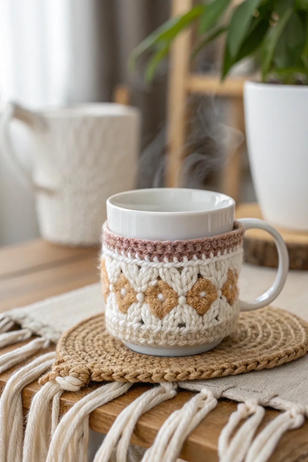 Wrap your brew in warmth and style with a handmade crochet cozy. ☕✨ #ScandiBoho #CrochetLove
