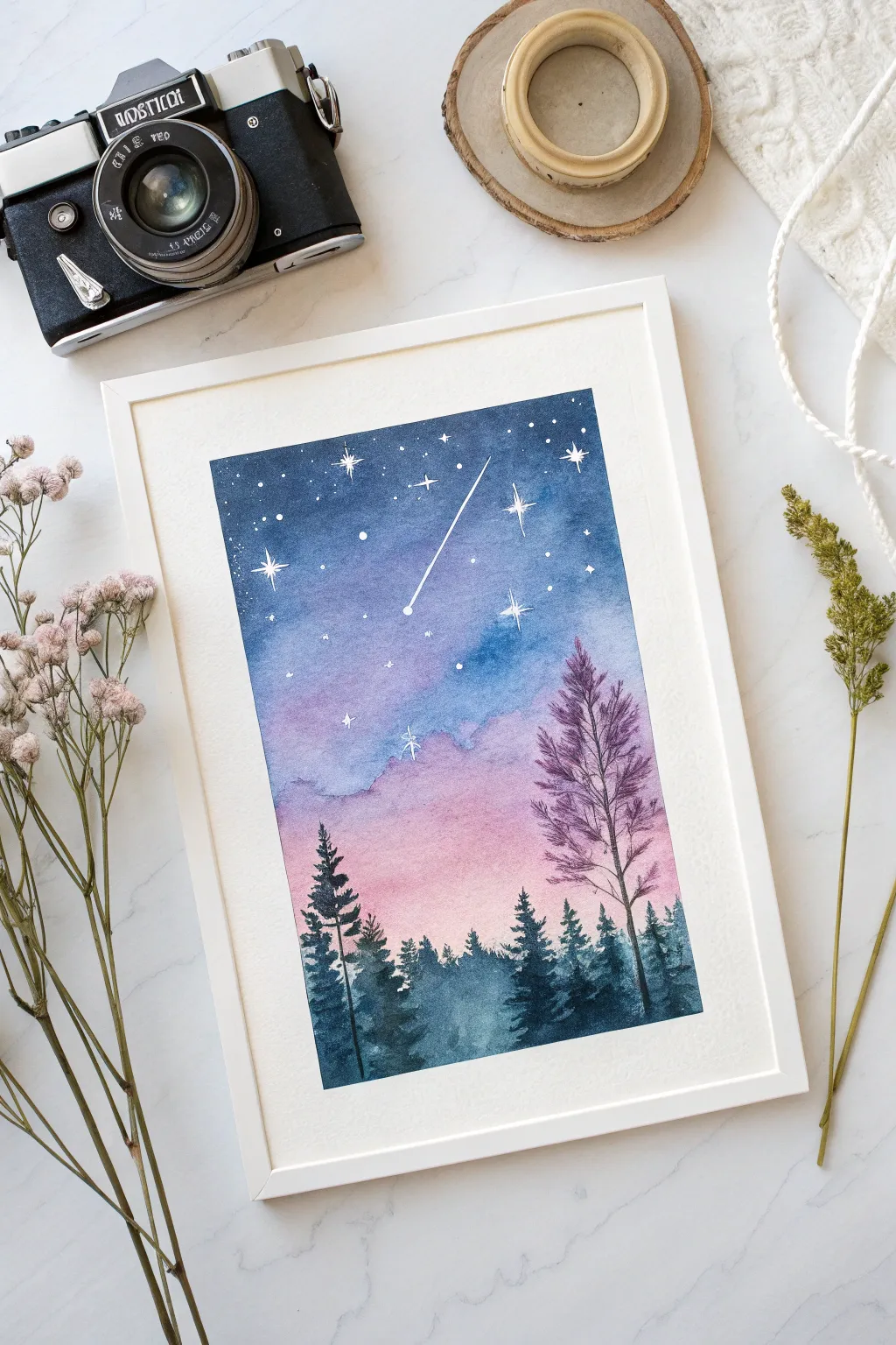 Capture the serenity of a starry night with this minimalist watercolor masterpiece. 🌌✨