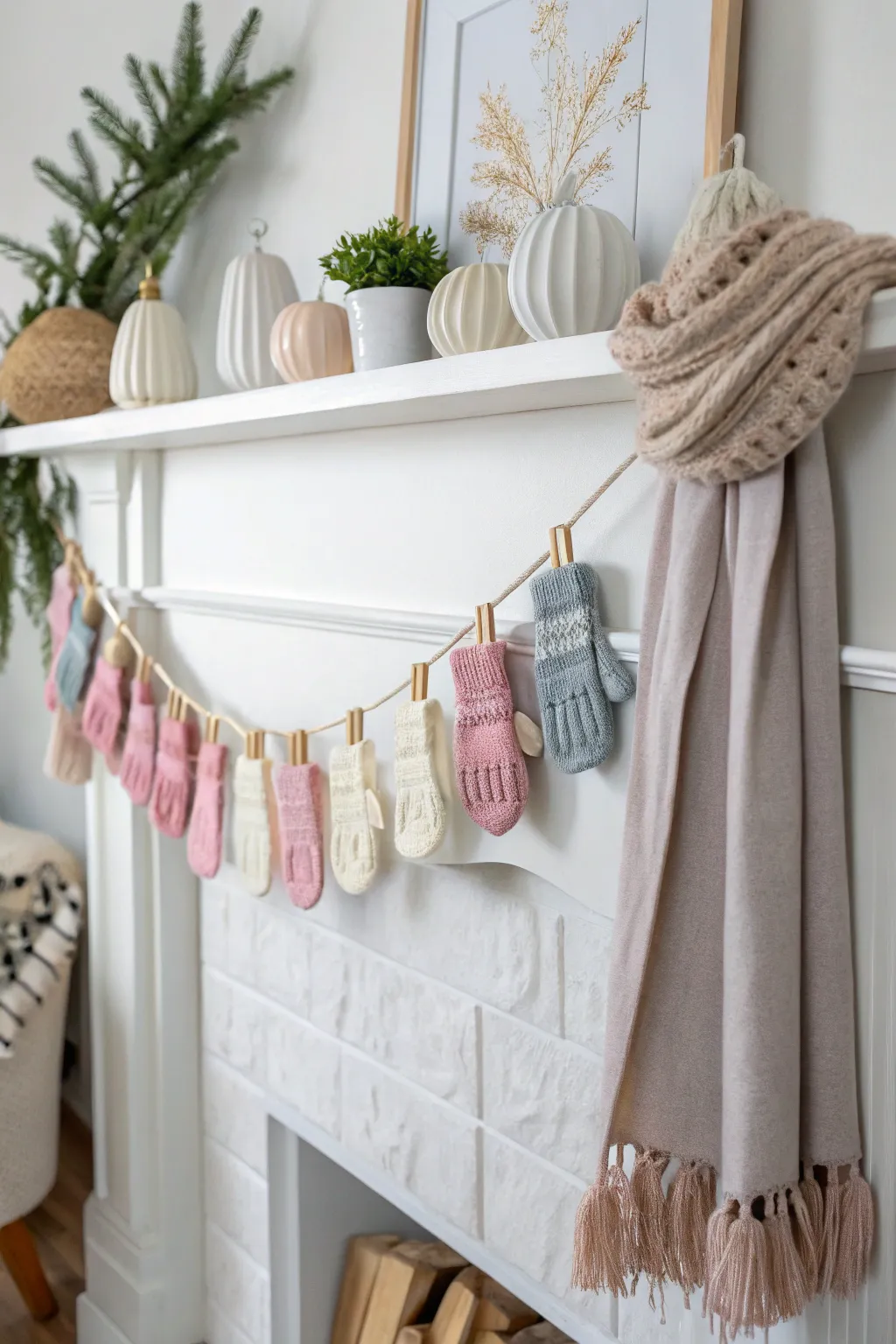 Add a touch of warmth and whimsy to your home with this charming mitten and scarf garland, perfect for cozy winter decor.