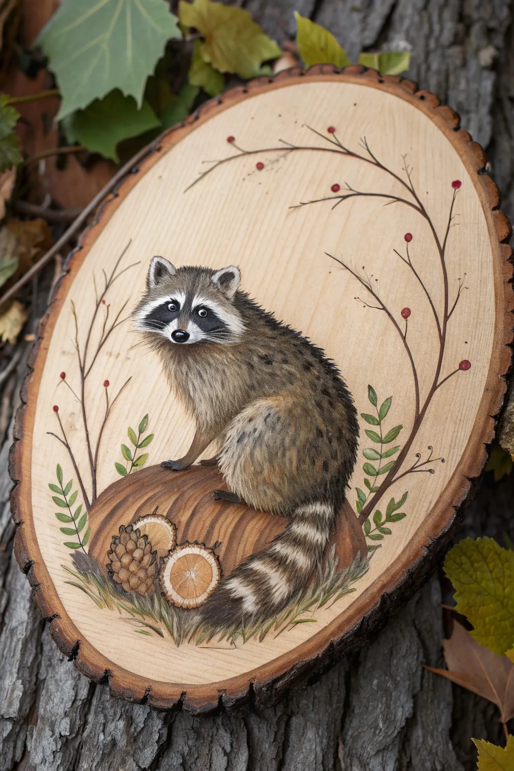 Bring a touch of whimsy to your space with this charming hand-painted raccoon on wood. Perfect for nature lovers!