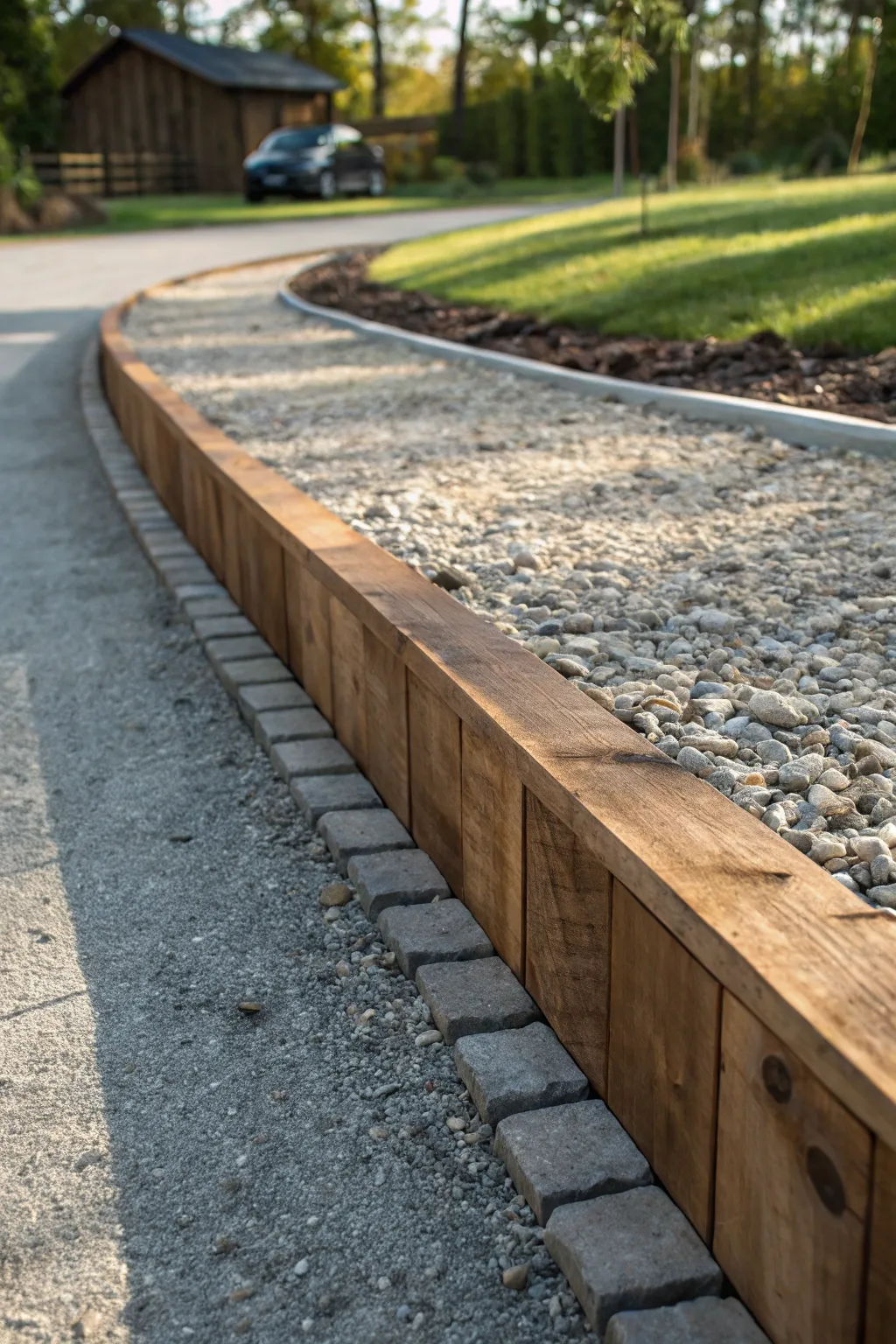 Enhance your driveway with rustic wooden edging for timeless country charm.