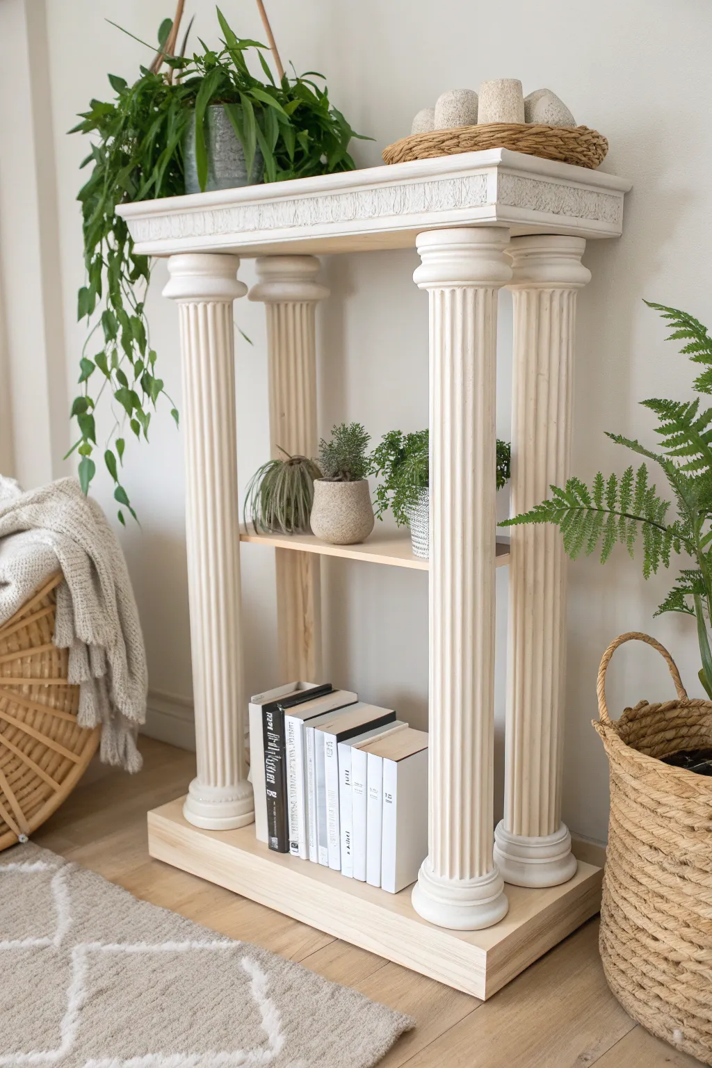 Bring a touch of ancient elegance to your home with this stunning temple-inspired shelf, perfect for showcasing your favorite books and plants.