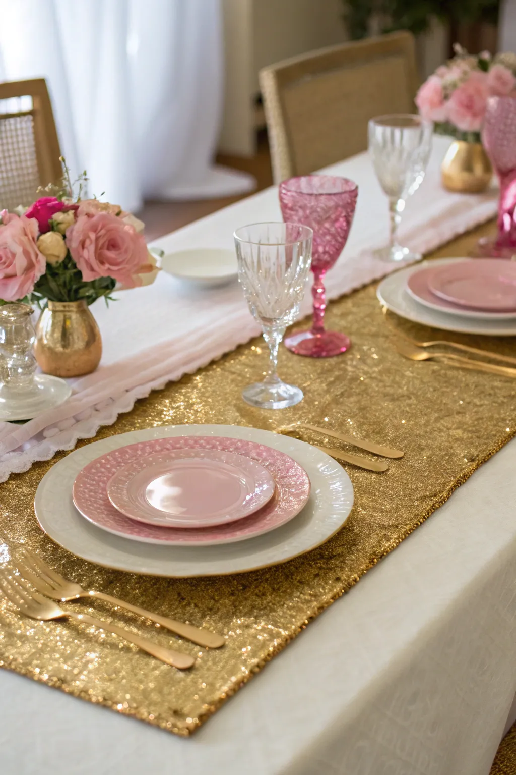 A textured gold table runner adds depth and glamour.