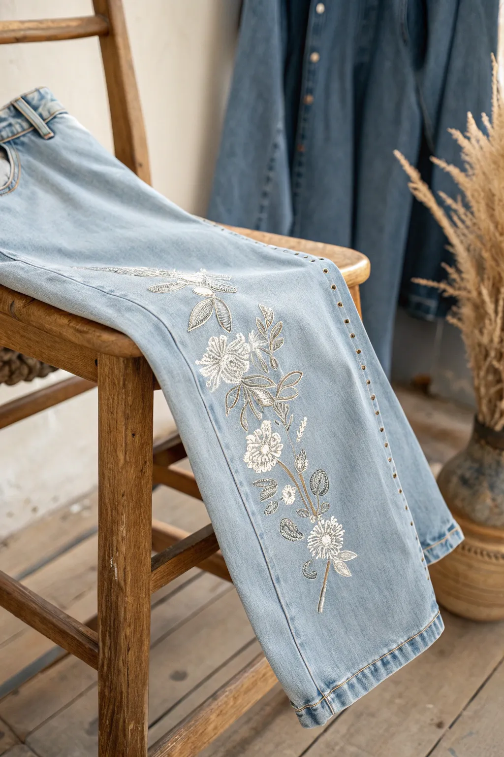 Elevate your style with artful embroidery: a blend of satin stitches and French knots for a chic, handcrafted touch.