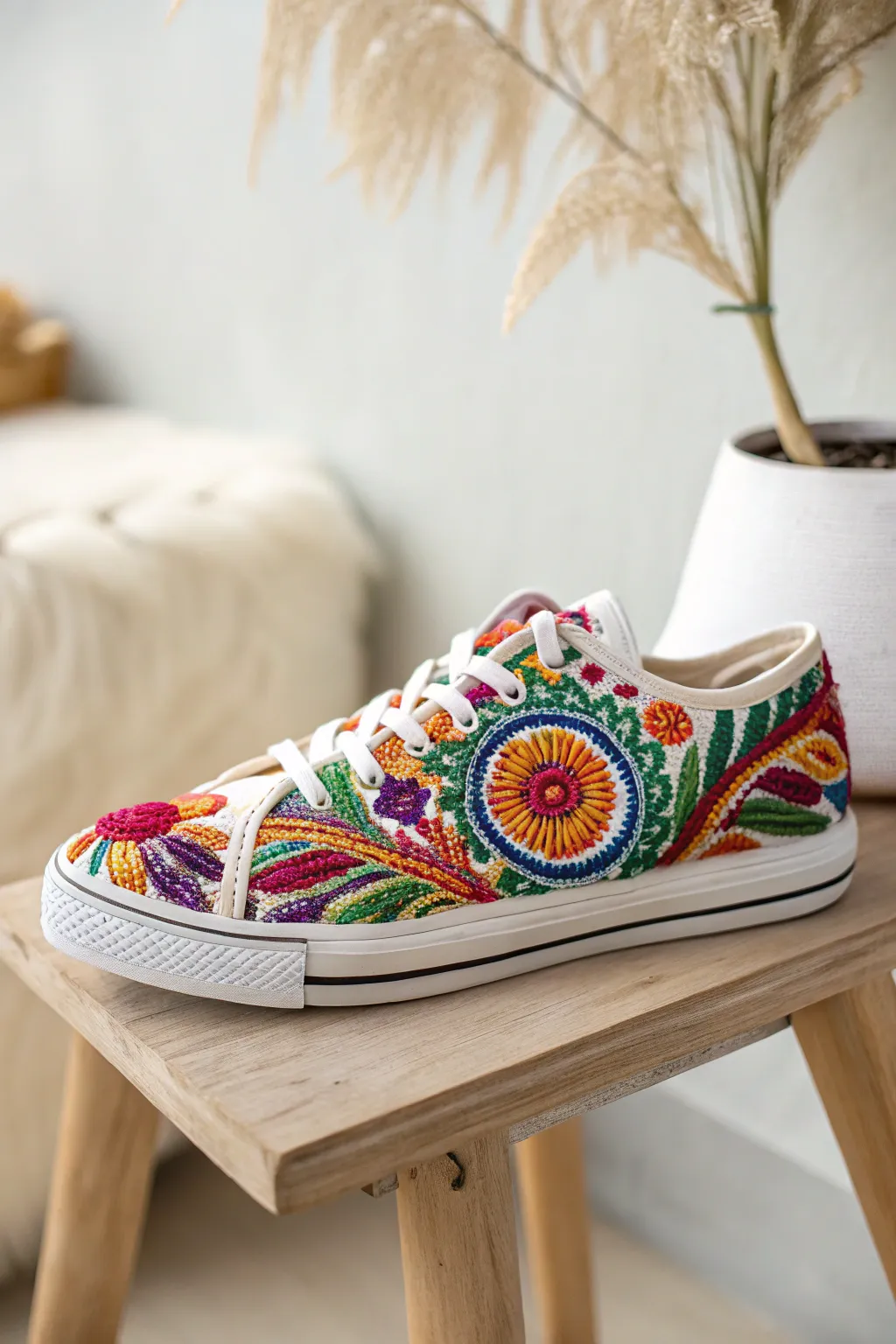 Step into a world of color with these rainbow-bright embroidered sneakers, where craftsmanship meets vibrant creativity.
