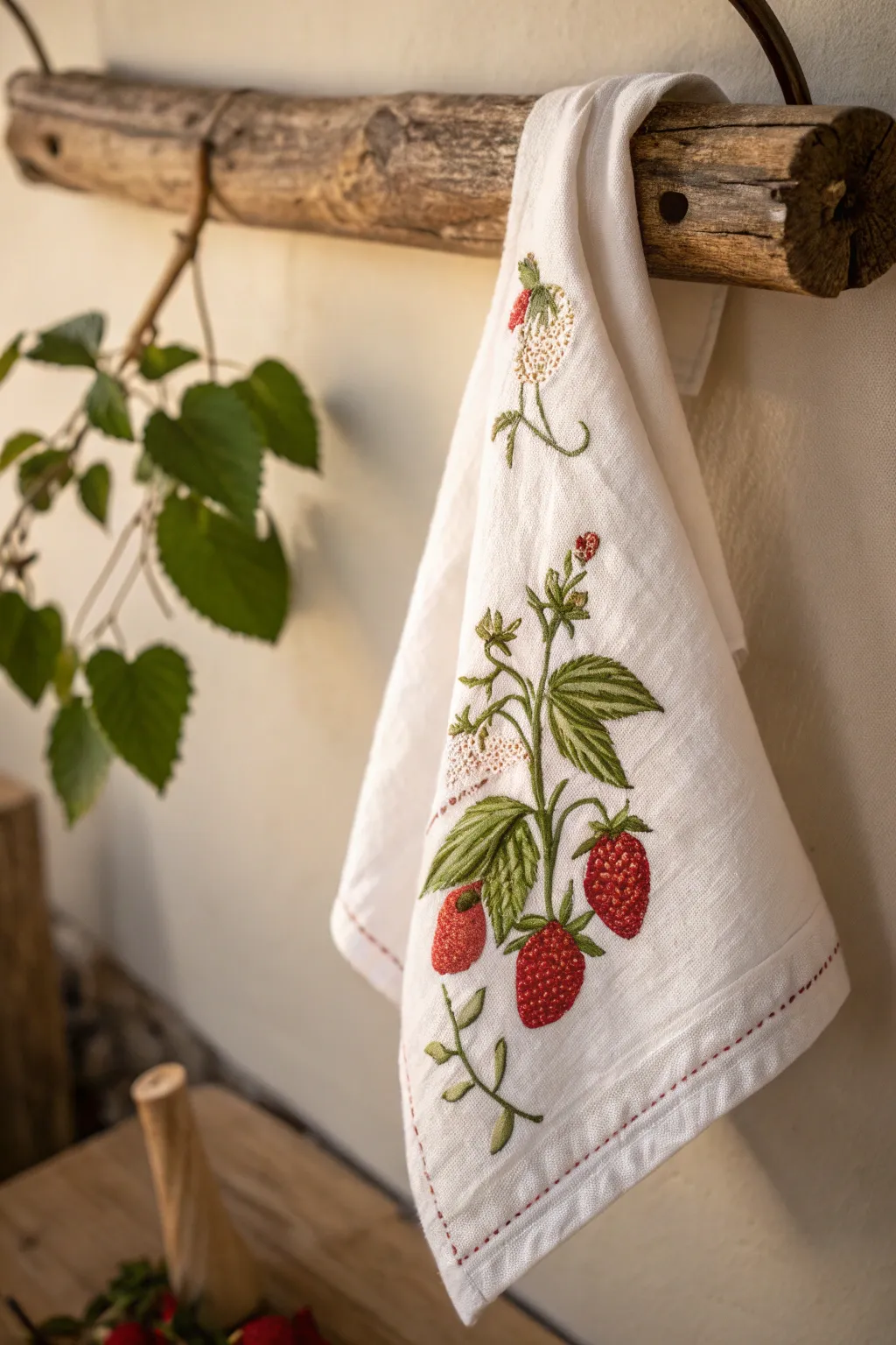 Stitch a taste of nature into your kitchen with this charming strawberry embroidery.