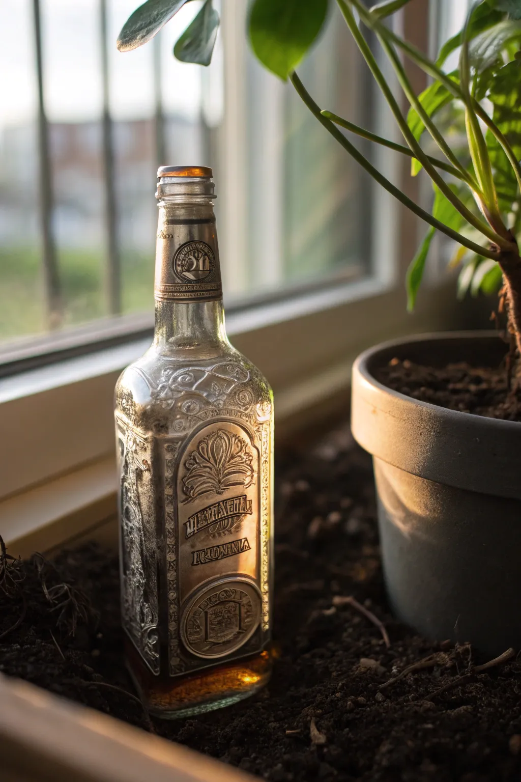 Transform your empty bourbon bottles into stylish watering globes for thriving plants.